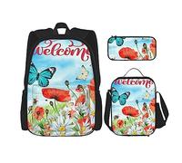 Set di 3 zaini con pittura a olio di loto, borsa a tracolla regolabile con astuccio portapranzo, Fiori di primavera ape, Taglia unica, Zaino daypack