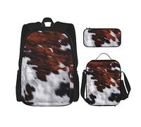 Set di 3 zaini con pittura a olio di loto, borsa a tracolla regolabile con astuccio portapranzo, Pelle bovina rossa e bianca, Taglia unica, Zaini Daypack