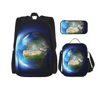 Set di 3 zaini con pittura a olio di loto, borsa a tracolla regolabile con astuccio portapranzo, Terra luminosa, Taglia unica, Zaino daypack