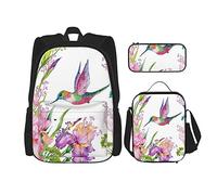 Set di 3 zaini con pittura a olio di loto, borsa a tracolla regolabile con astuccio portapranzo, Uccelli e fiori, Taglia unica, Zaino daypack