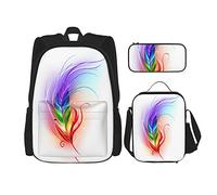 Set di 3 zaini con piume arcobaleno disegnate in modo artistico, con transizione di colore e fresca, borsa da viaggio, lavoro e scuola, astuccio portapenne, borsa per il pranzo, per uomini, don