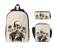Set di 3 zaini con scheletro e fiori di rosa, per ragazze e ragazzi, con borsa per il pranzo, astuccio, fantasmi, teschio, 3 pezzi, borsa termica per il pranzo, regalo per donne e uomini