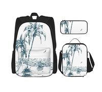 Set di 3 zaini con schizzo dell'isola, raffigurante un mare tropicale con palme, barca da pesca e uccelli in volo, borsa da viaggio, lavoro e scuola, astuccio portapenne, borsa per il pranzo, per uomi