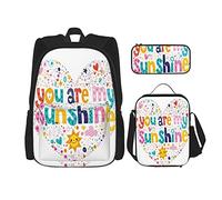 Set di 3 zaini con scritta "Sole a forma di cuore, parole motivazionali con stelle, cerchio, sole e nuvola", borsa da viaggio, lavoro e scuola, astuccio portapenne, borsa per il pranzo, per uomini, do