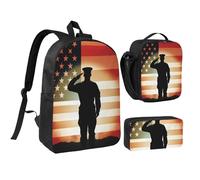 Set di 3 zaini con scritta "Thank You Soldier Saluting American" con portapranzo isolato e astuccio per matite, borsa leggera per laptop da 17 pollici, borsa per il pranzo a tracolla e astuccio, set 3