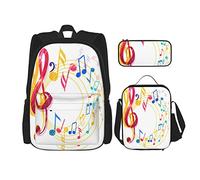 Set di 3 zaini con sfondo musicale astratto con varie note musicali e simboli di violino, borsa da viaggio, lavoro, scuola, astuccio, pranzo, borsa, combinazione per uomini, donne, ragazzi e ragazze.