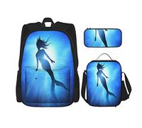 Set di 3 zaini con silhouette di sirena che nuota con una lunga coda di pesce nel profondo mare blu, borsa da viaggio, lavoro, scuola, astuccio, borsa per il pranzo, per uomini, donne, ragazzi e ragaz