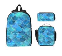 Set di 3 zaini con squame di sirena color foglia di tè, per ragazze e ragazzi, con borsa per il pranzo, astuccio, oceano, mare, 3 pezzi, borsa termica per il pranzo, regali per donne e uomini