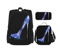 Set di 3 zaini con tacco alto da ragazza, scarpe blu con borchie di diamanti su borsa da viaggio nera Beauty da donna, astuccio portapenne, borsa per il pranzo, per uomini, donne, ragazzi e ragazze.
