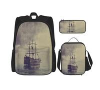Set di 3 zaini con tema nautico, vecchia nave pirata nel mare, storico, da crociera, retrò, viaggio, stile grunge, borsa da viaggio, lavoro, scuola, astuccio, pranzo, borsa, combinazione per uomini, d