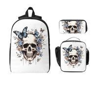 Set di 3 zaini con teschio gotico per ragazze e ragazzi, con borsa per il pranzo, astuccio, scheletro, farfalla, 3 pezzi, borsa termica per il pranzo, regalo per donne e uomini