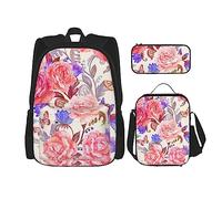 Set di 3 zaini con teschio horror, borsa a tracolla regolabile con astuccio portapranzo, Fiore Rosa Farfalla, Taglia unica, Zaini Daypack
