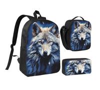 Set di 3 zaini con testa di lupo su sfondo blu, con portapranzo isolato, astuccio per matite, borsa leggera per laptop da 17 pollici, borsa per il pranzo a tracolla e astuccio 3 in 1