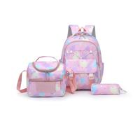 Set di 3 zaini da scuola in nylon per ragazze, zaini, borse portapranzo, astuccio leggero, decompressione e protezione della colonna vertebrale, viola, rosa, L, Rétro