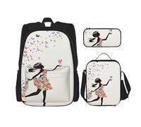 Set di 3 zaini da viaggio con stampa di farfalle e farfalle, zaino da viaggio per laptop per donne e uomini, borsa casual con borsa per il pranzo e astuccio per matite, nero, Taglia unica