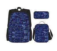 Set di 3 zaini (elementi di scienza, schizzi di nanotecnologia e fisica) con borsa per libri + borsa per il pranzo + astuccio, grazioso zaino per università, lavoro, palestra, escursionismo, pesca e c