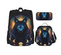 Set di 3 zaini (Galaxy, Psichedelico, Lupo, Cielo Notturno, Spazio) Borsa per libri + Borsa per il pranzo + Astuccio per matite Zaino carino per università, lavoro, palestra, escursionismo, pesca, bag