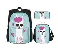 Set di 3 zaini, lama, alpaca, bianco, Lala Llama con occhiali da sole, capelli rosa, cuori rosa, blu, da uomo, borsa da viaggio, lavoro, scuola, astuccio, borsa per il pranzo, combinazione per uomini,