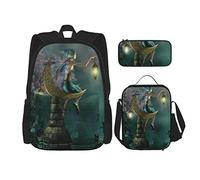 Set di 3 zaini "Little Pixie con pietra di luna seduta", con favola, mito e opera d'arte, borsa da viaggio, lavoro e scuola, astuccio portapenne, borsa per il pranzo, per uomini, donne, ragazzi e raga