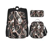 Set di 3 zaini moderni in oro rosa con glitter, marmo geometrico a forma di triangolo, borsa per libri, astuccio portapenne, borsa per il pranzo, combinazione per uomini, donne, ragazzi e ragazze.