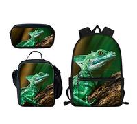 Set di 3 zaini per bambini, borse per la scuola, borse per il pranzo, astuccio, stampa maiale, per bambini, ragazzi e ragazze, Camaleonte, Taglia unica, Zaini Daypack