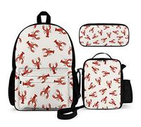 Set di 3 zaini per bambini con bradipi per il ritorno a scuola, 40,6 cm, con borsa per il pranzo, astuccio per ragazzi e ragazze di 1-6a elementare, Aragoste Rosse Gamberi, One Size