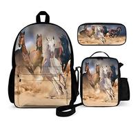Set di 3 zaini per bambini con cavalli in corsa nella tempesta, borsa per libri da 40,6 cm con borsa per il pranzo, astuccio per ragazzi e ragazze di 1-6a elementare