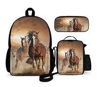 Set di 3 zaini per bambini con gatto stellato e cielo stellato, borsa per libri da 40,6 cm con borsa per il pranzo, astuccio per ragazzi e ragazze di 1-6° grado, Cavalli Castagno, One Size