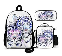 Set di 3 zaini per bambini con gatto stellato e cielo stellato, borsa per libri da 40,6 cm con borsa per il pranzo, astuccio per ragazzi e ragazze di 1-6° grado, Tigre bianca., One Size