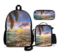 Set di 3 zaini per bambini con gatto stellato e cielo stellato, borsa per libri da 40,6 cm con borsa per il pranzo, astuccio per ragazzi e ragazze di 1-6° grado, Palma Mare Spiaggia, One Size