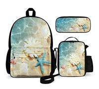 Set di 3 zaini per bambini con gatto stellato e cielo stellato, borsa per libri da 40,6 cm con borsa per il pranzo, astuccio per ragazzi e ragazze di 1-6° grado, Spiaggia Mare Stella Mar, One Size