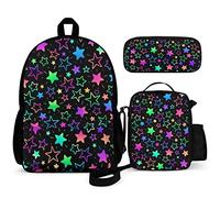 Set di 3 zaini per bambini con gnomi api e girasoli per il rientro a scuola borsa per libri da 40,6 cm con borsa per il pranzo e astuccio per ragazzi e ragazze di 1-6° grado, Stelle al neon luminose