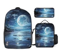 Set di 3 zaini per donne e uomini, leggero, casual, borsa a tracolla, con borsa termica per il pranzo e astuccio organizer Moon Over