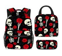 Set di 3 zaini per la scuola con borsa per il pranzo e astuccio, set da 3 pezzi, zaino da viaggio, zaino casual per adolescenti, ragazze, ragazzi, primaria, junior, medio, scheletro, teschio, mano