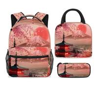 Set di 3 zaini per la scuola con borsa per il pranzo e astuccio, set da 3 pezzi, zaino da viaggio, zaino casual per adolescenti, ragazze, ragazzi, primaria e media, con paesaggio giapponese Fuji Mount