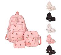 Set di 3 zaini per la scuola con fiocco stampato e astuccio per il pranzo, 3 pezzi, per adolescenti, ragazze, primarie, medie, resistenti, leggere, con stampa ciliegia, zaino da viaggio, B-C., Taglia