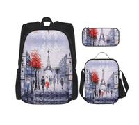Set di 3 zaini per la scuola con stampa artistica di Parigi e albero della città Eiffel, grande capacità, resistente all'acqua, con borsa termica per il pranzo e astuccio per matite per ragazzi delle