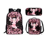 Set di 3 zaini per la scuola, zaino da viaggio per ragazze ragazzi bambini borsa per libri scolastici per donne portapranzo astuccio, Carino Axolotl Ch, Taglia unica, Zaini Daypack