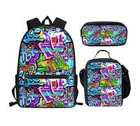 Set di 3 zaini per ragazze e adolescenti, con portapranzo, astuccio, zaino per cani e bambini, borsa per la scuola elementare, Graffiti, Taglia unica, Zaini Daypack