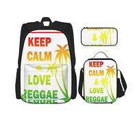 Set di 3 zaini Rasta Keep Calm And Love Reggae con parole in colori arcobaleno sfumati, a tema musicale, borsa da viaggio, lavoro, scuola, astuccio, borsa per il pranzo, per uomini, donne, ragazzi e r