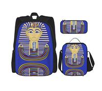 Set di 3 zaini (Re Faraone Tutankhamon, Egitto, Tutankhamon, Egiziano) Borsa per libri + borsa per il pranzo + astuccio per matite, grazioso zaino per università, lavoro, palestra, escursionismo, pesc