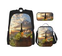 Set di 3 zaini rustici, rurali, agricoli, con uva, formaggio e vino in vigna, sole, fotografia le, borsa da viaggio, lavoro, scuola, astuccio, pranzo, borsa, combinazione per uomini, donne, raga