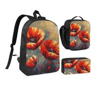 Set di 3 zaini semplici con pittura a olio con motivo floreale e astuccio per il pranzo isolato, borsa leggera per laptop da 17 pollici, borsa per il pranzo a tracolla e astuccio 3 in 1