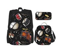 Set di 3 zaini (supporto per batteria rock), borsa per libri, borsa per il pranzo e astuccio per matite, zaino carino per università, lavoro, palestra, escursionismo, pesca, borse per computer.