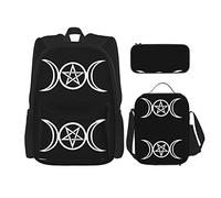 Set di 3 zaini (Tripla Luna Pentacolo Pagano) Borsa per libri + Borsa per il pranzo + Astuccio per matite, grazioso zaino per università, lavoro, palestra, escursionismo, pesca, borsa per computer