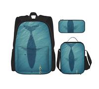 Set di 3 zaini Un uomo su una barca che galleggia accanto a un'enorme borsa per libri di balene Viaggi Campeggio Borsa da scuola Astuccio per matite Borsa da pranzo Combinazione per uomini Donne Rag