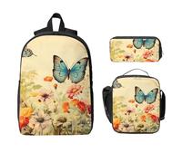 Set di 3 zaini vintage con motivo floreale e farfalle, per ragazze e ragazzi, con borsa per il pranzo, astuccio, margherita, 3 pezzi, borsa termica per il pranzo, regalo per donne e uomini