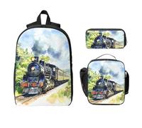 Set di 3 zaini vintage con treno a vapore, per ragazze e ragazzi, con borsa per il pranzo, astuccio per la scuola, borsa termica per il pranzo, regali per donne e uomini