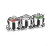 Set di 3 zuccheriere in acciaio inox con cucchiaio e vassoio, elegante organizer color argento per sale, spezie e condimenti, capacità 300 ml, coperchi in vetro per cucina, bar, tavolo da pranzo e
