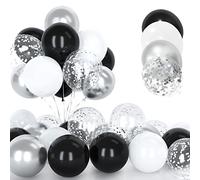 Set di 30 palloncini in argento e bianco, 12 pollici, con coriandoli, colore nero e bianco, in lattice, con nastro per compleanno, matrimonio, bambini, baby shower, feste
